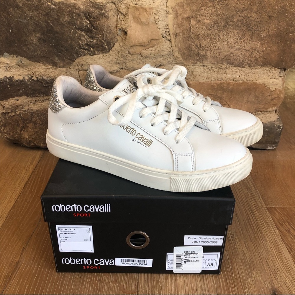 🔥Roberto Cavalli Sport WHITE glitter heel low top sneakers sz7.5 price firm